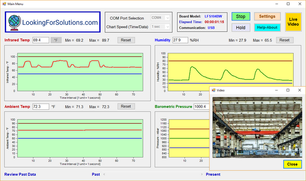 Non-contact Infrared & Ambient Temperature, Humidity, Barometric Pressure main screen PC software