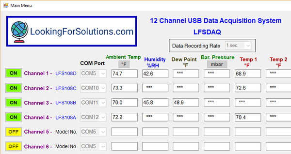 Data Acquisition software to monitor up to 12 USB sensors, LFSDAQ